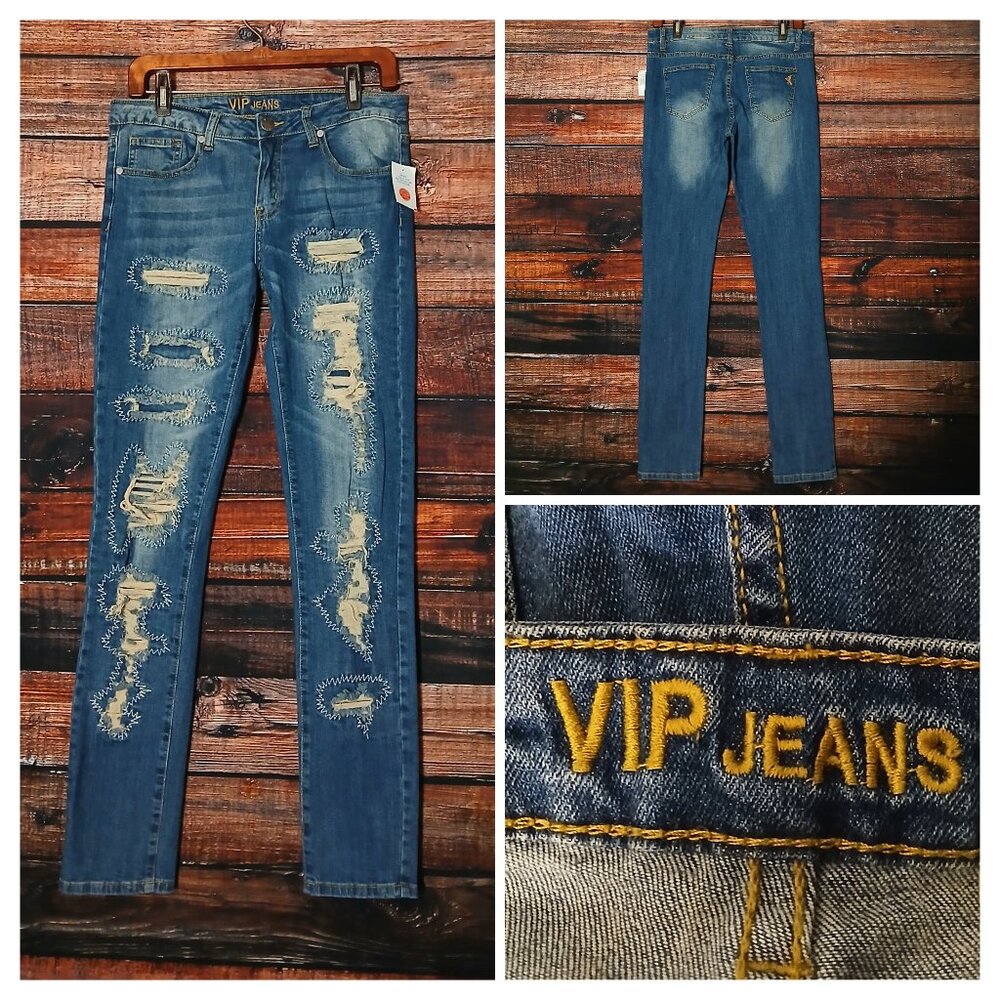 NWT VIP Jeans 9 10 Skinny Mid Rise Distressed Embroidered Blue Denim Stretch
